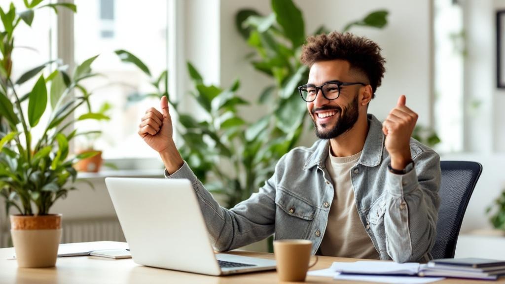 Persona celebrando al recibir pago de empleo remoto en dólares en su pantalla