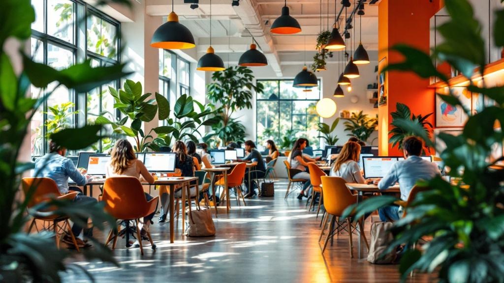 Espacio de coworking en Latinoamérica con profesionales trabajando en escritorios compartidos