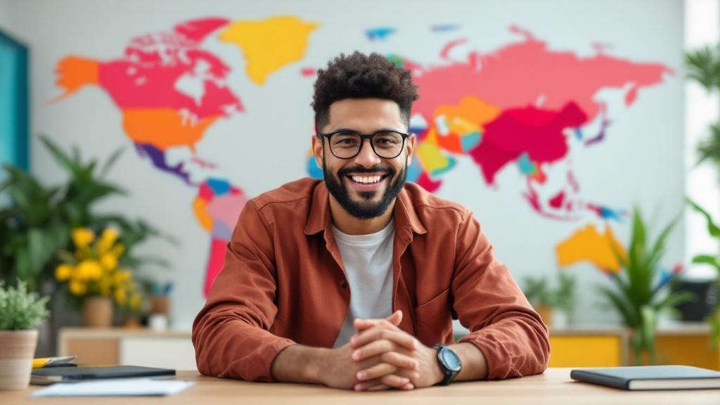 Joven profesional trabajando remoto desde Latinoamérica en sala luminosa con vista urbana
