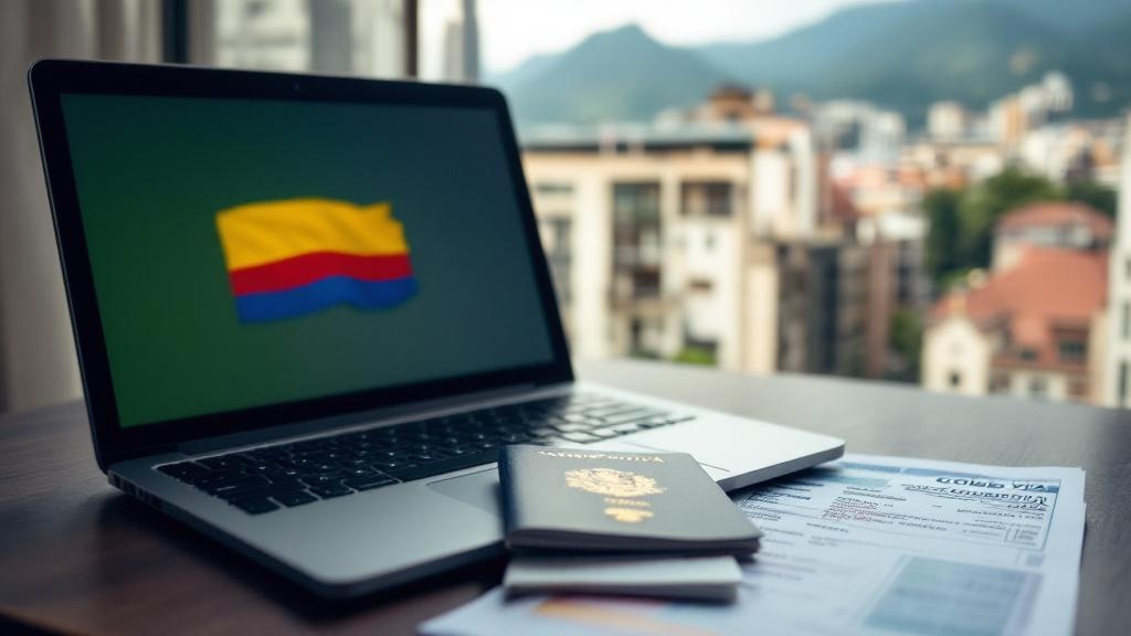 Pasaporte junto a laptop en escritorio con vista a ciudad colombiana para visa nómada digital